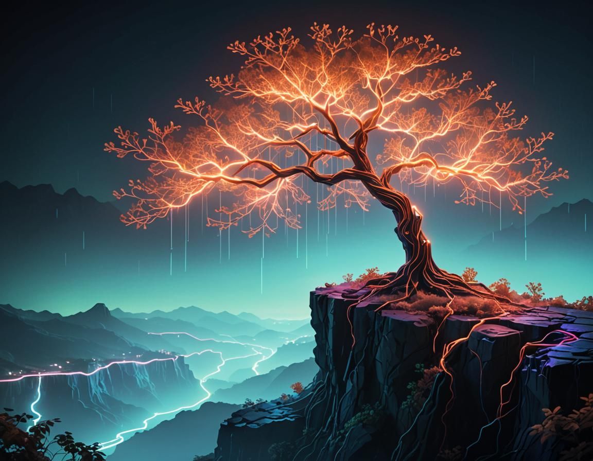 Neon Tree on Cliff in Sci-Fi Style