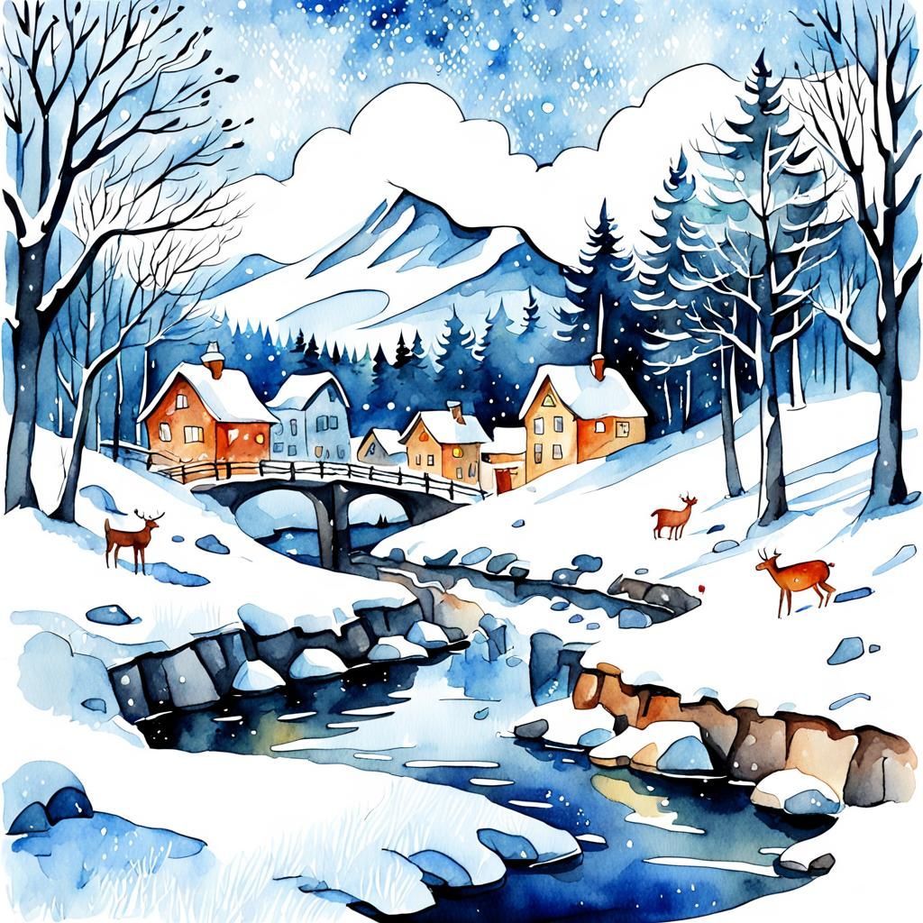 Charming Watercolor Cartoon Illustration of Winter
