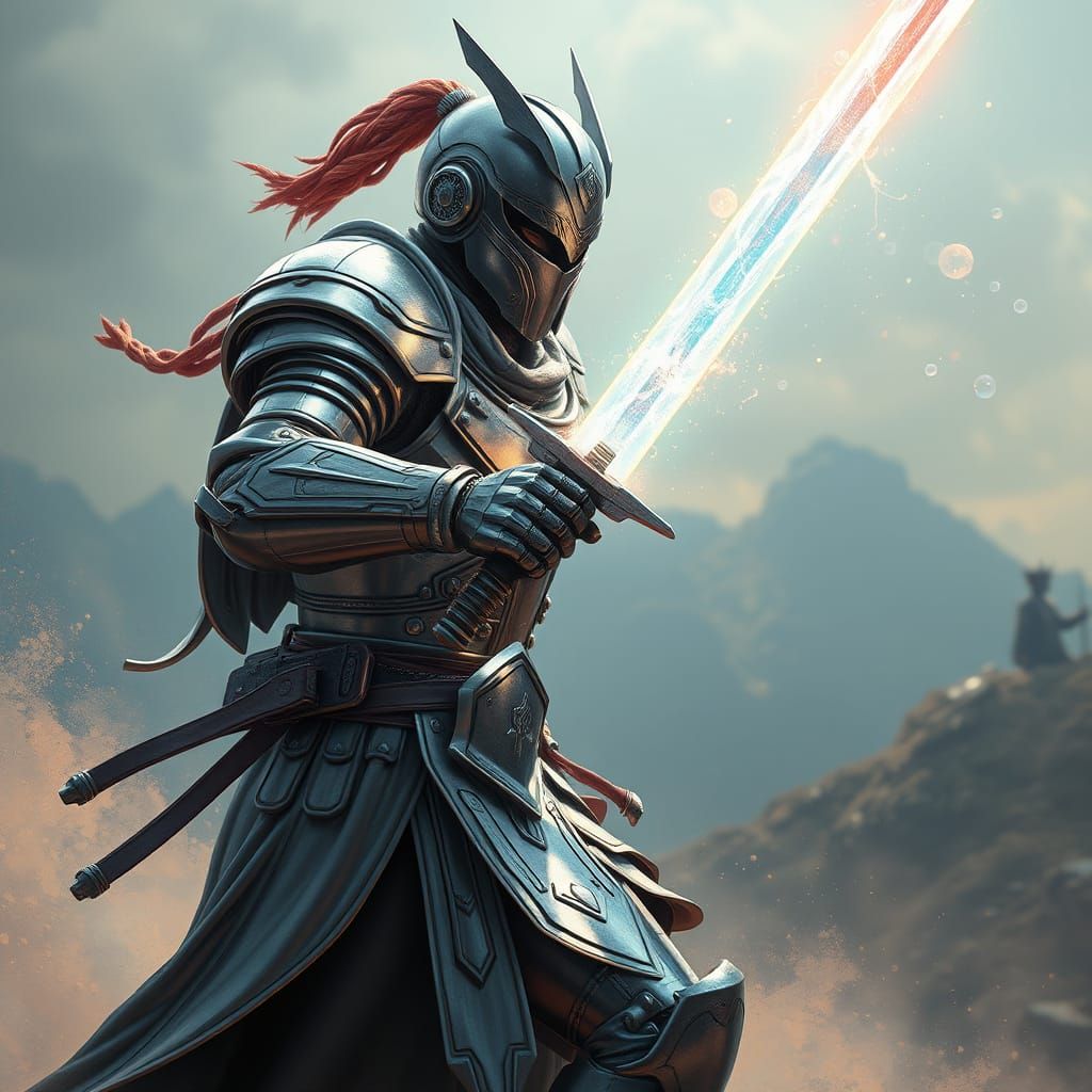 Armored Warrior with Bubble Sword in Cyberpunk Style