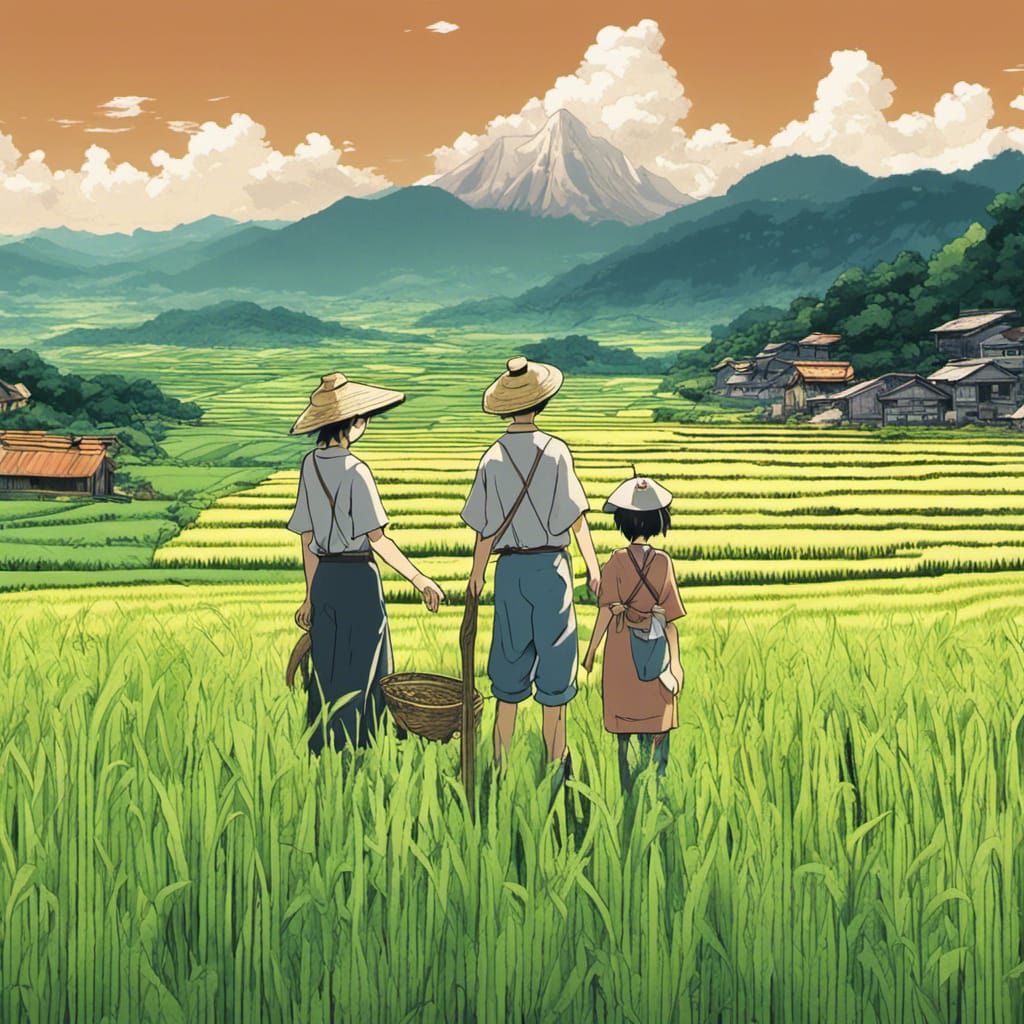 Anime Farmer Family Rice Field Ghibli Style