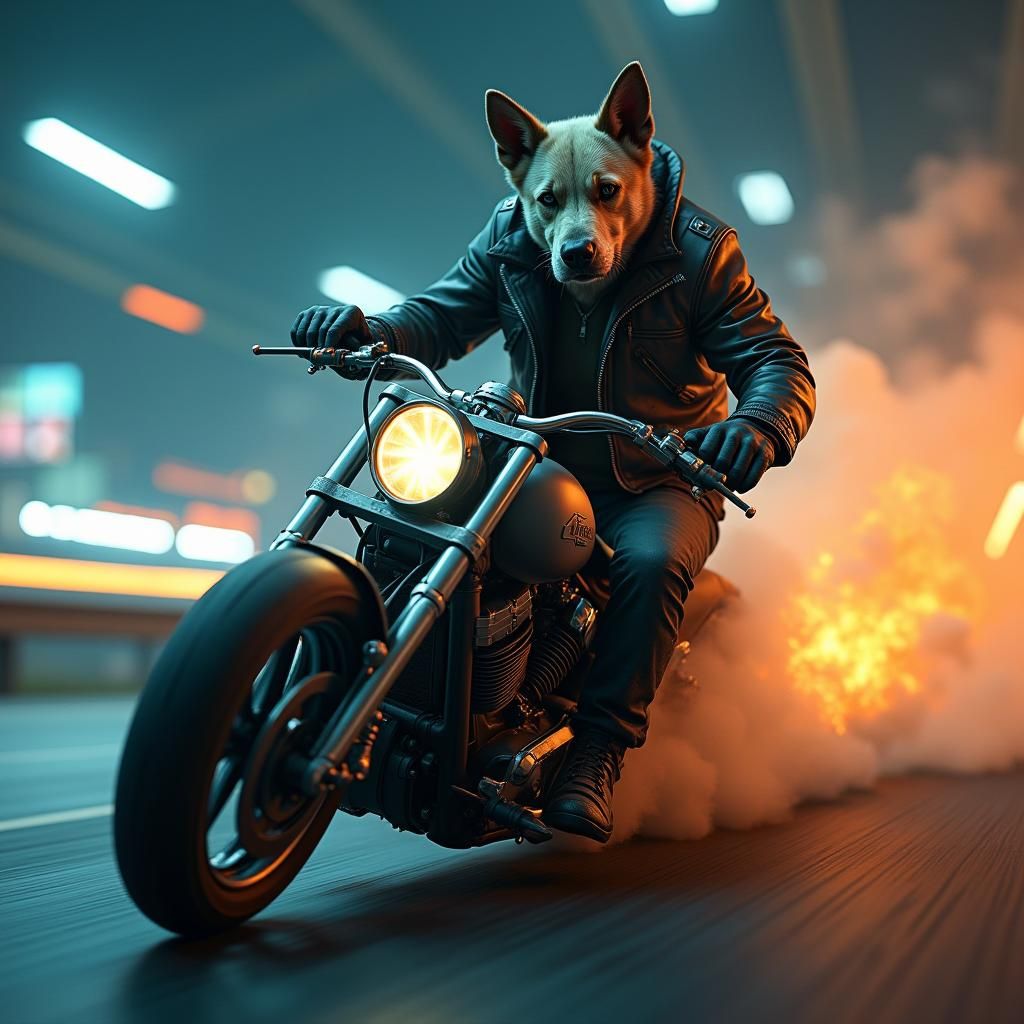 Dog Races Motorcycle in Cyberpunk Matte Painting
