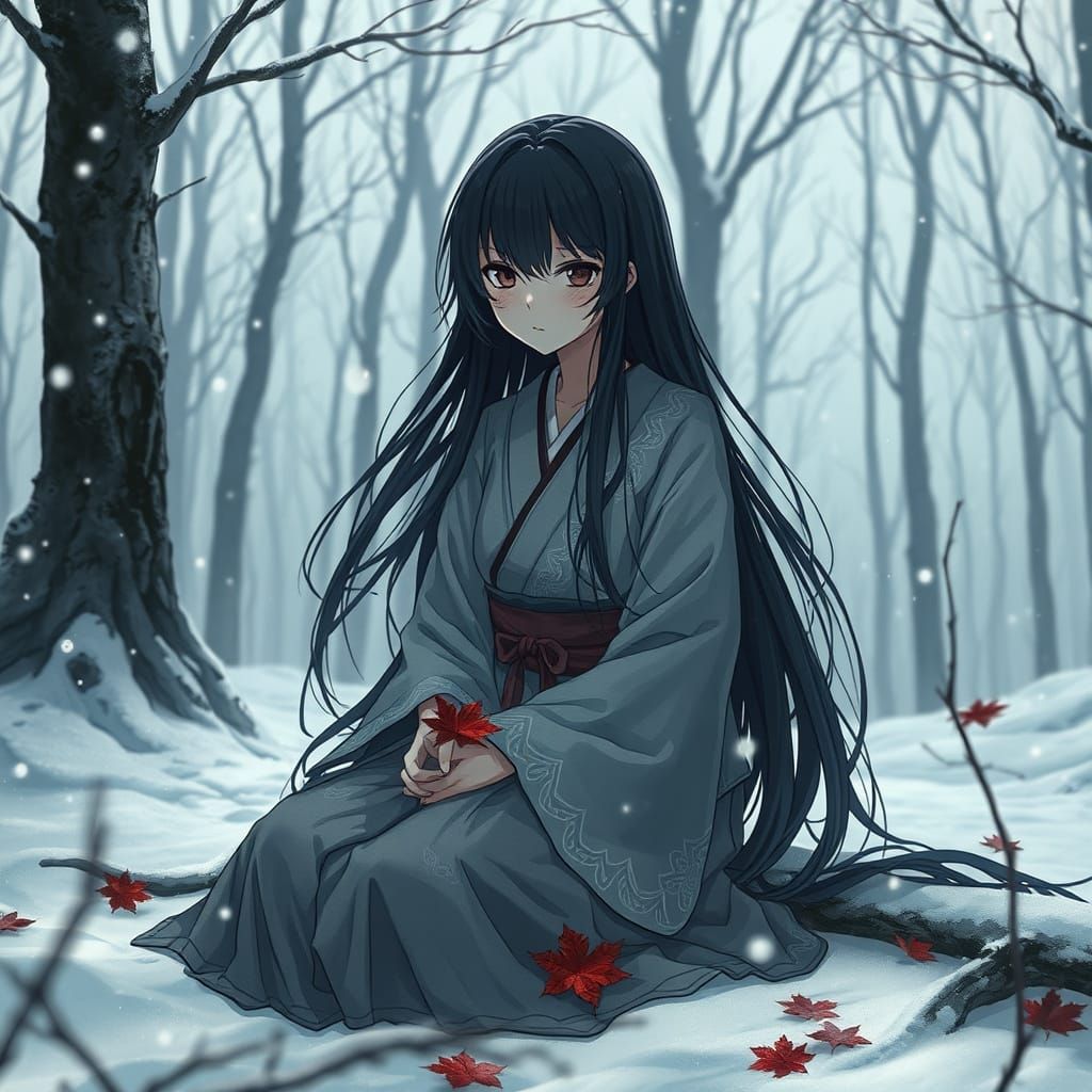 Melancholic Anime Girl in Snowy Forest