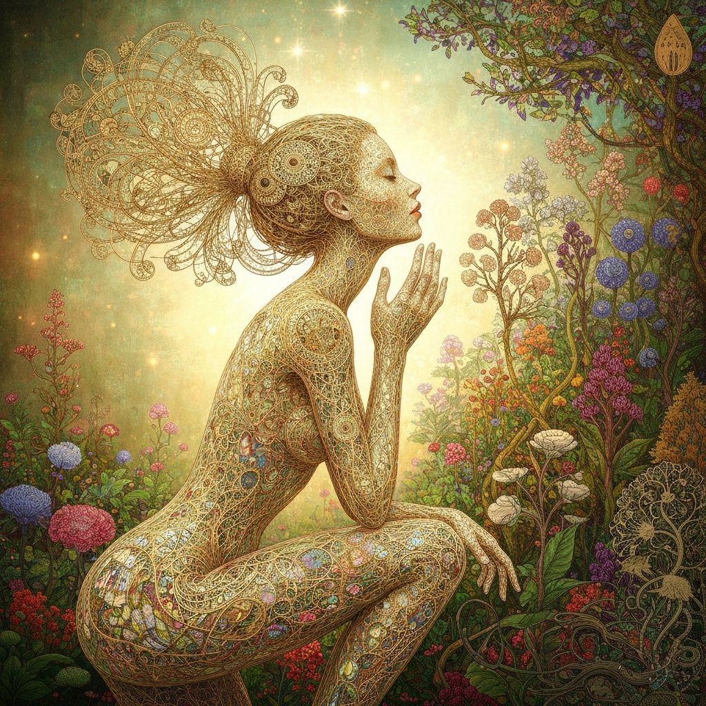 Filigree Woman Kisses Surreal Garden in Ethereal Glow