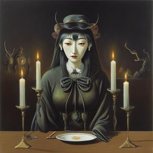 Japanese Gothic Girls' Candlelit Dinner in Surreal Style