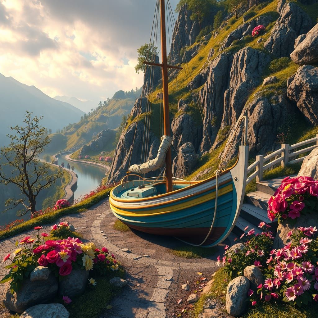 Rainbow Sailboat in Hyperrealistic Mountain Dreamscape