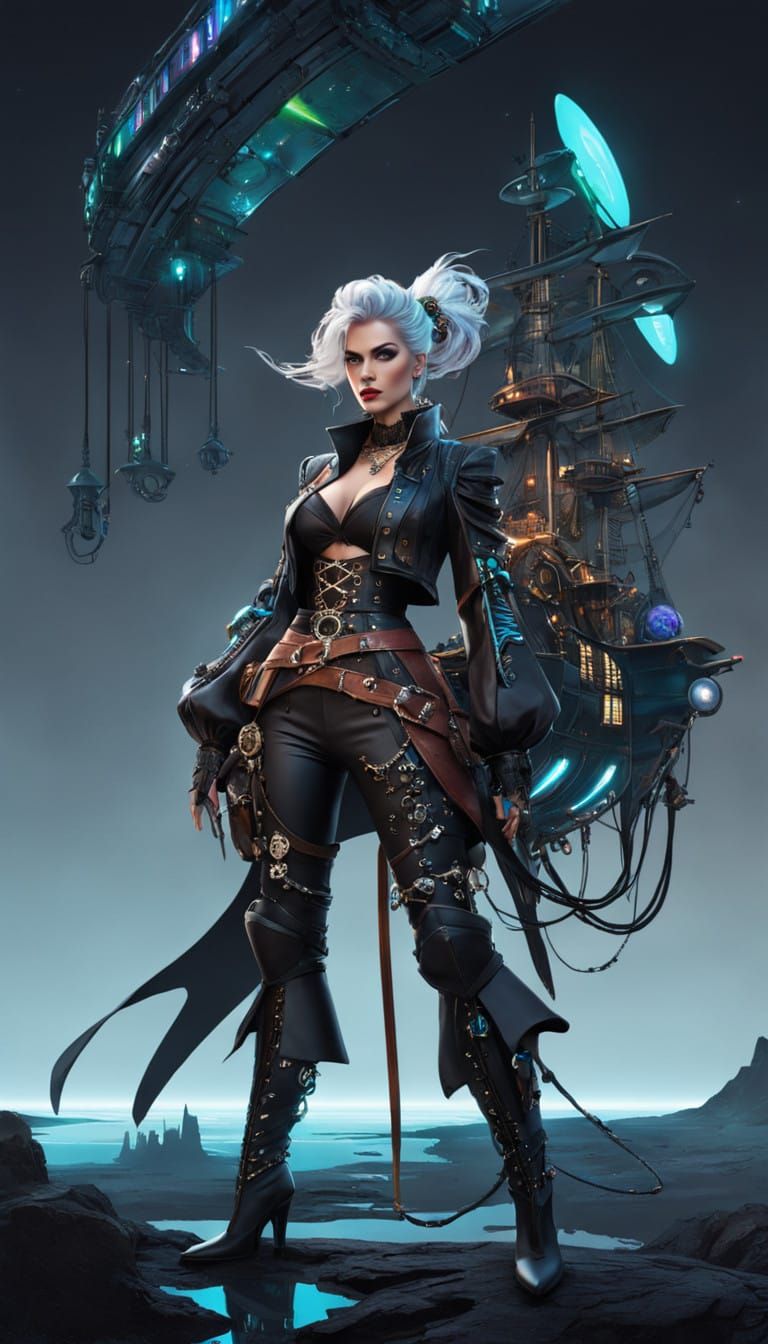 Hyperrealistic Pirate Femme Fatale in Futuristic Attire