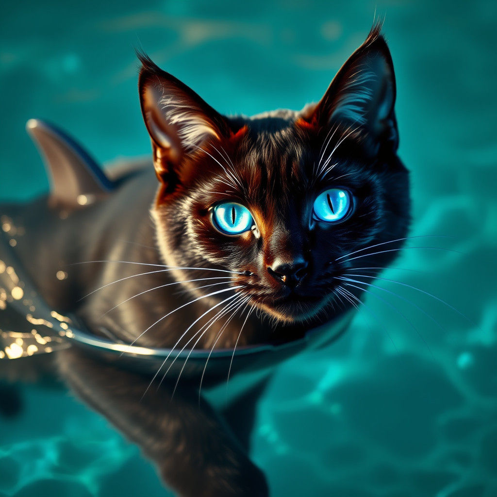 Shark-finned Cat Gliding Underwater, Hyperrealistic Matte Pa...