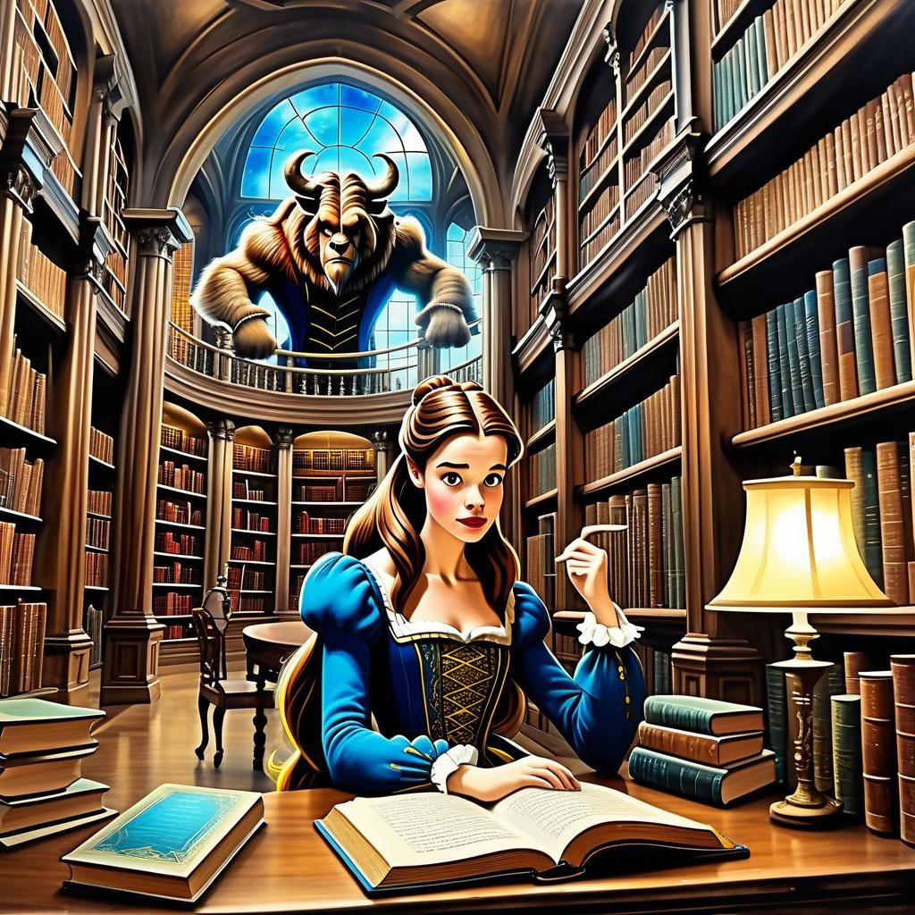 Belle in Library: Surreal Mixed Media Art