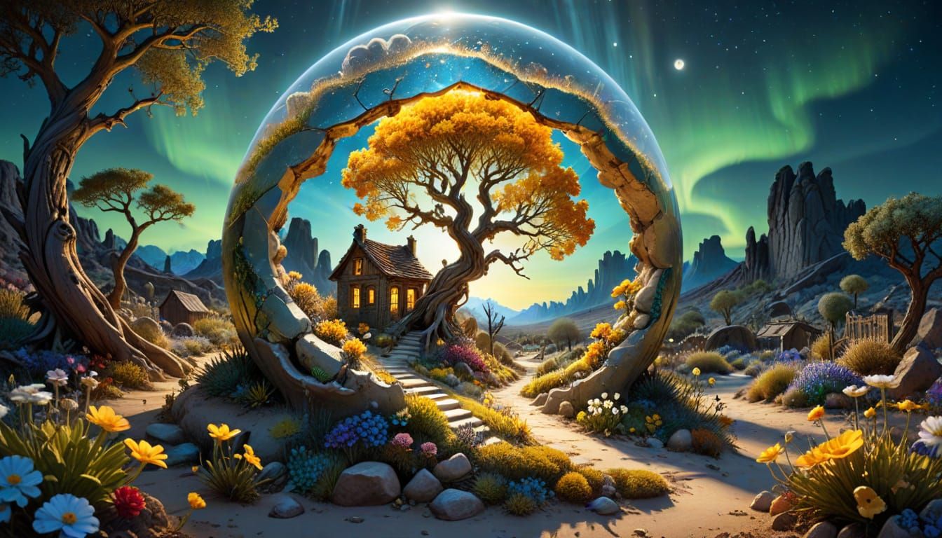 Surreal Dreamscapes within a Cracked Crystal Geode Eye