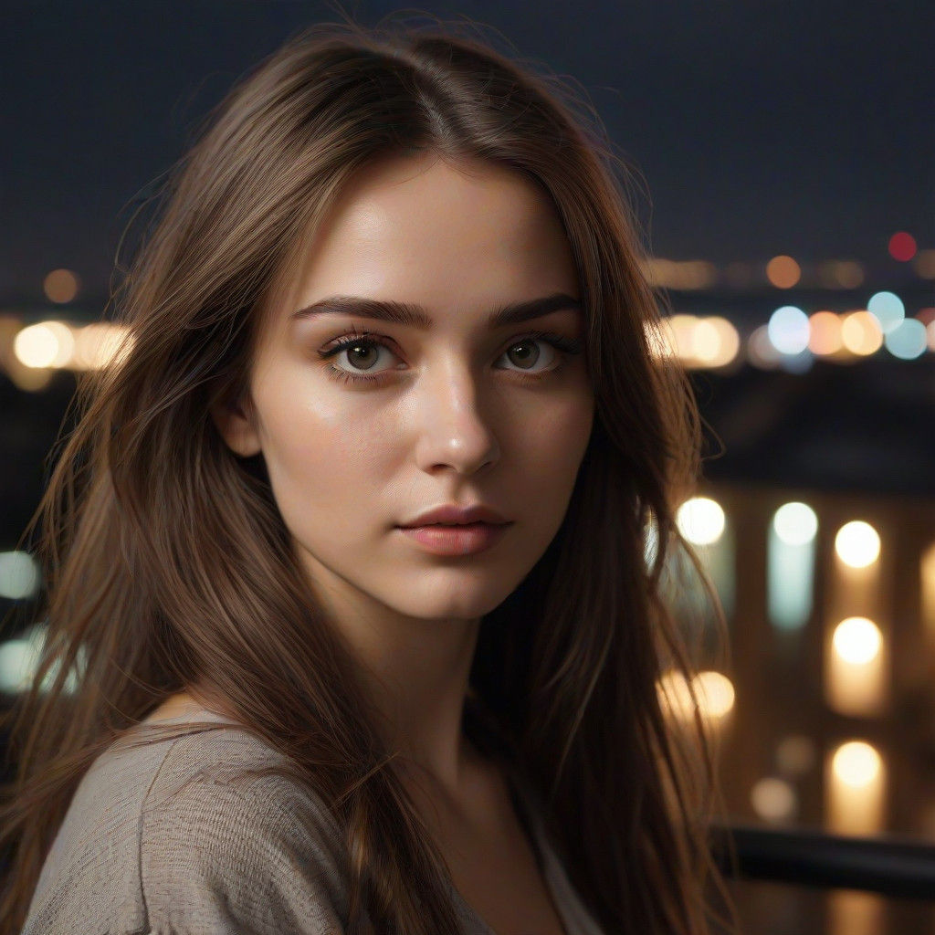 Shy Ukrainian Woman Contemplates City Life at Night