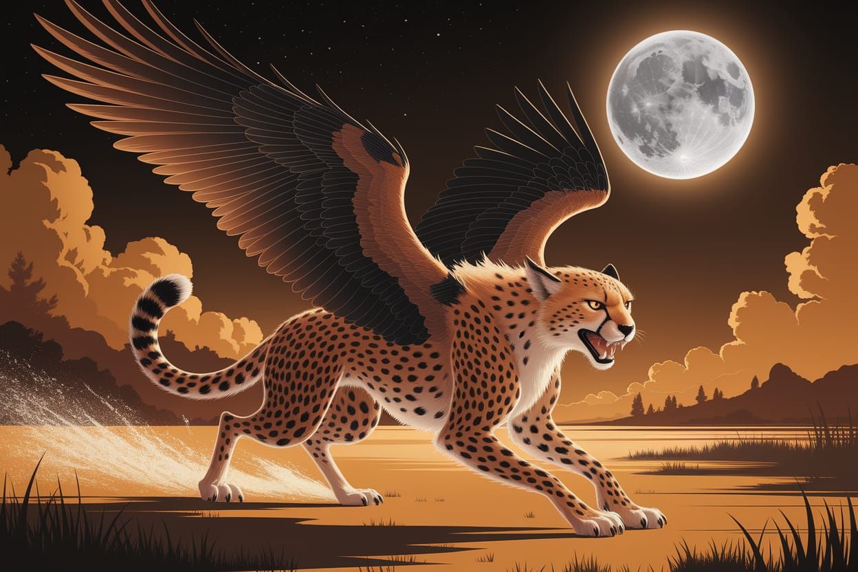 Moonlit Cheetah-Eagle Hybrid in Golden Hued Landscape