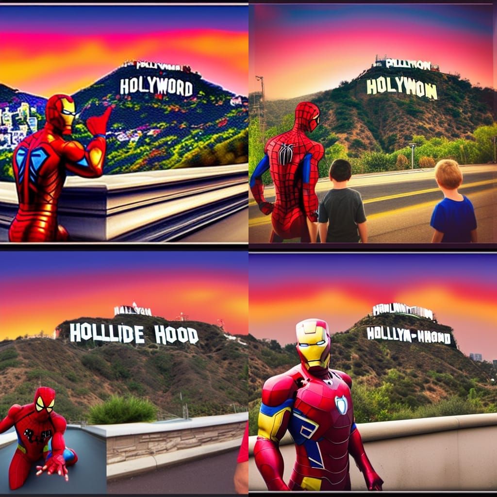 Iron Man, Spider-Man, and Hulk at Hollywood Sign