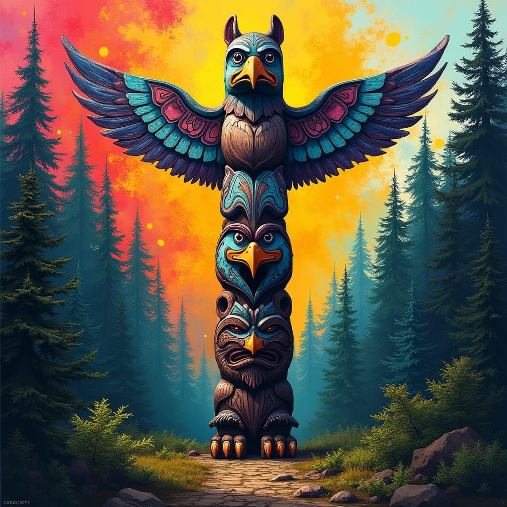 Realistic Totem Pole with First Nations Animals in Lush Fore...