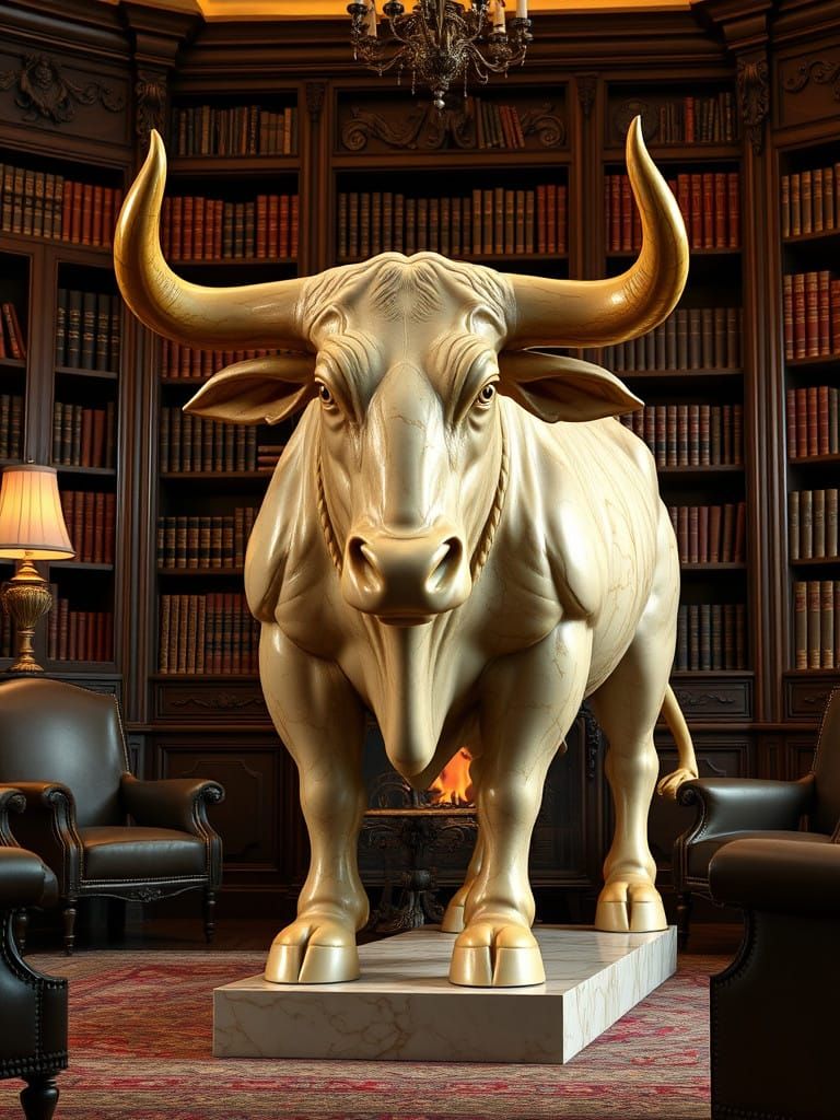 Golden Bull Statue in Warm, Inviting Vintage Living Room