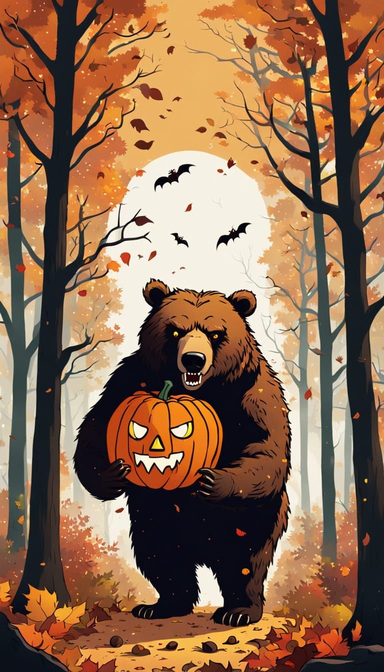Spooky Autumn Bear in Vintage Halloween Style