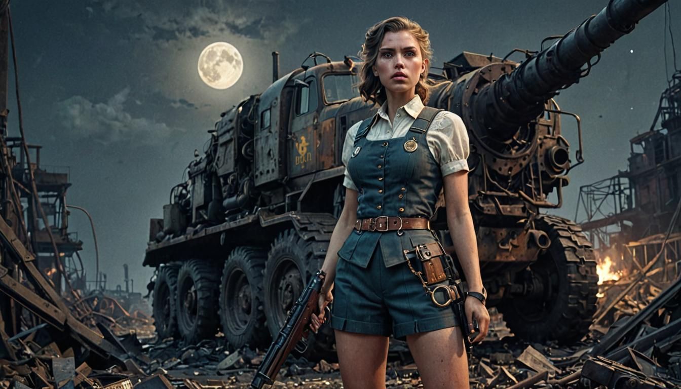 Steampunk Harvester in Wasteland with Girl and Luger