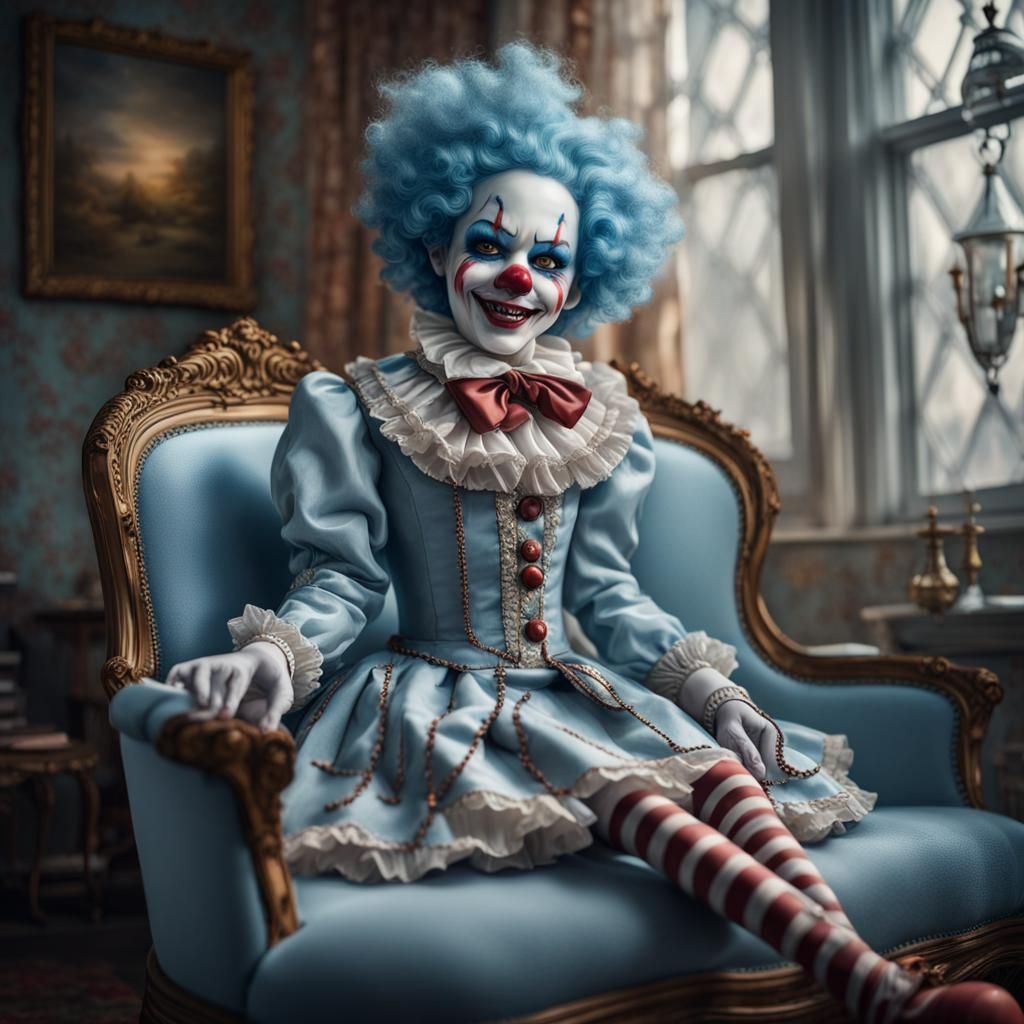 Gothic Porcelain Clown Doll on Victorian Sofa