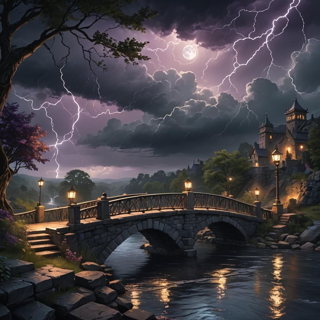Fantasy Bridge Over River in Stormy Landscape