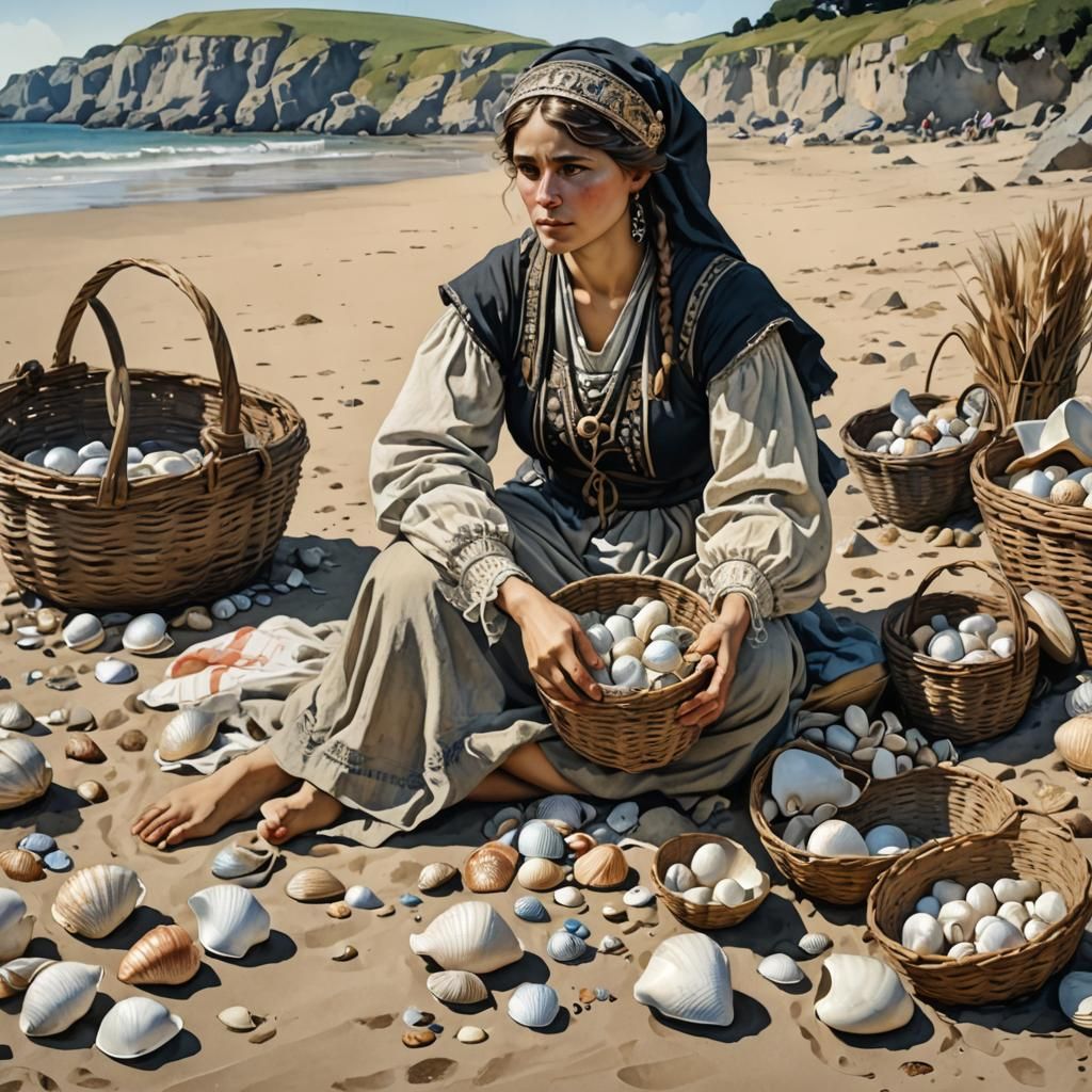 Breton Woman with Shells: Alfons Mucha Style Digital Art