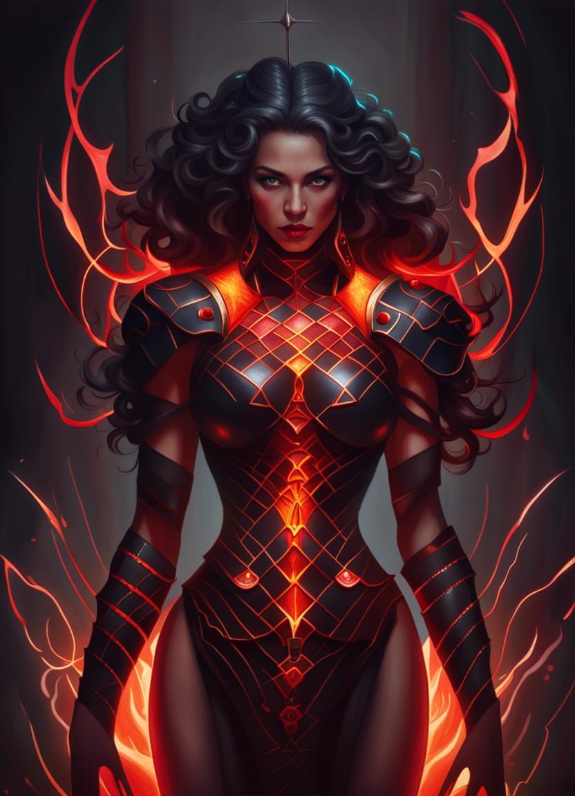 Dark Greek Hades Goddess with Fiery Breastplate