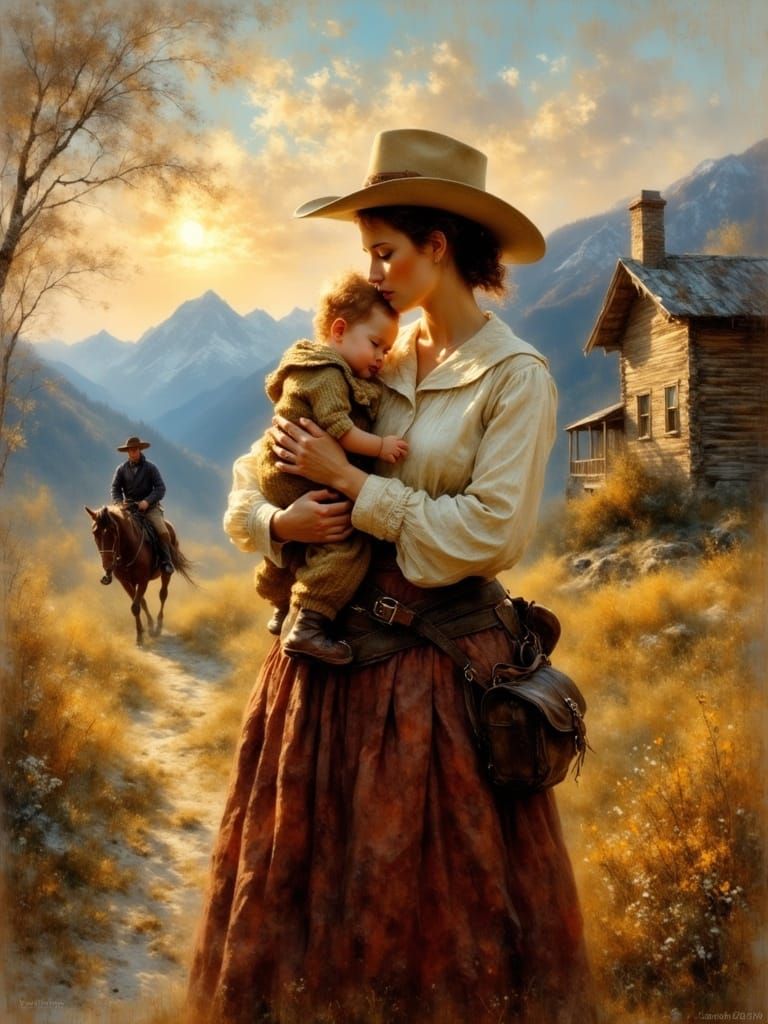 Frontier Mother and Child in 19th Century Oil Painting Style