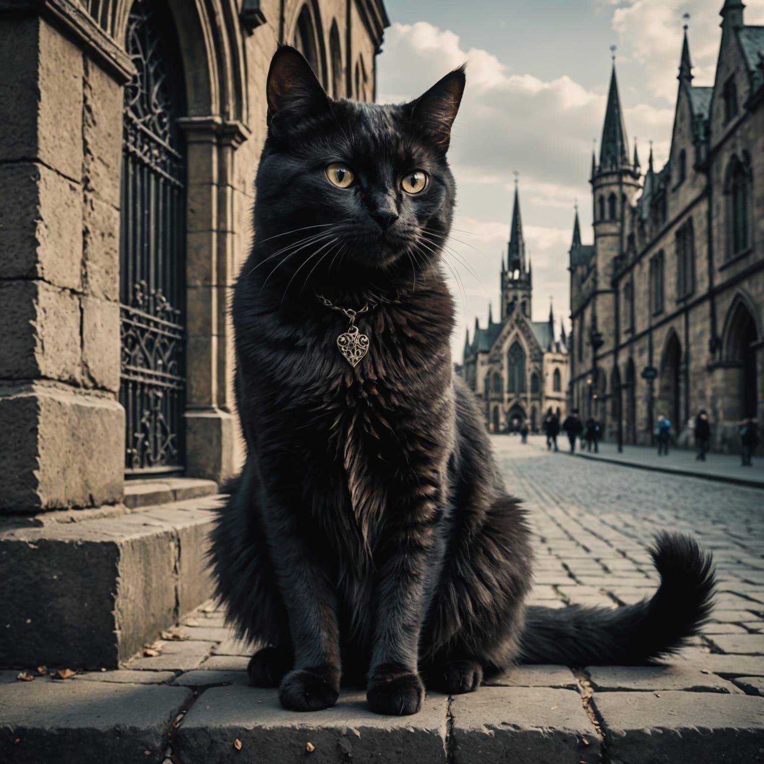 Cat Sitting on a Street in Gothic Art Style