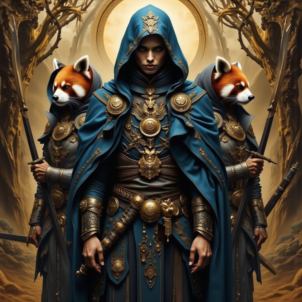 Red Panda Warriors in Mystical Robes, Oil Painting Style