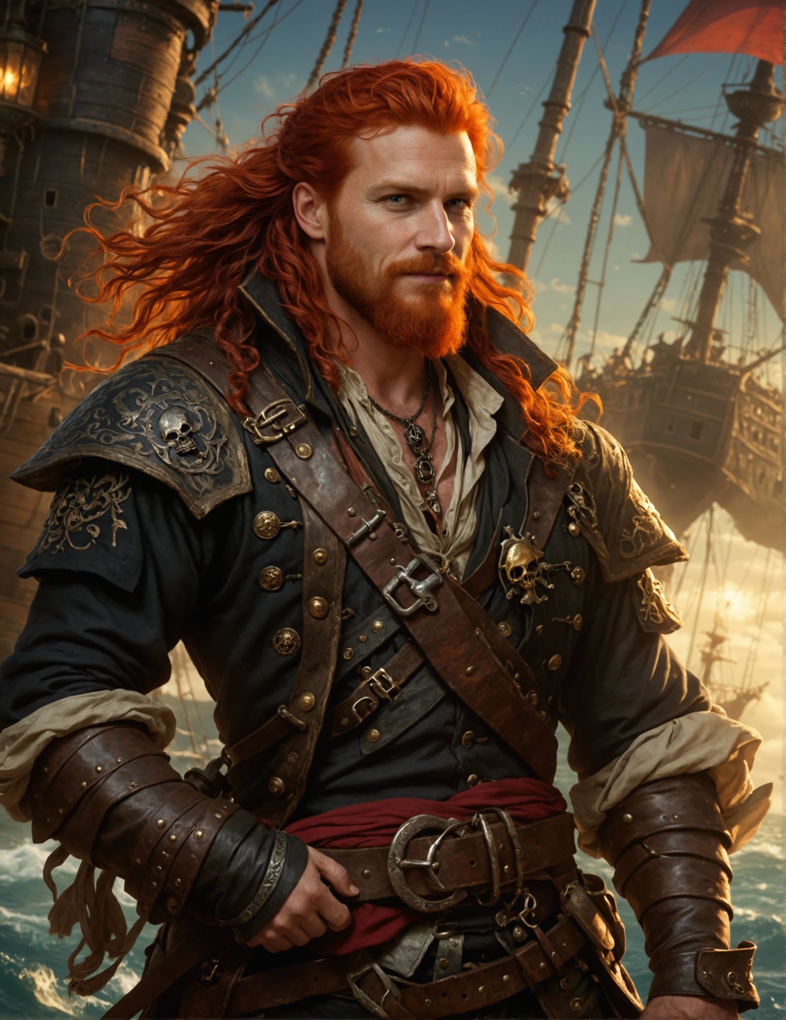 Red-Headed Pirate Captain on Sailboat, Fantasy Character Des...