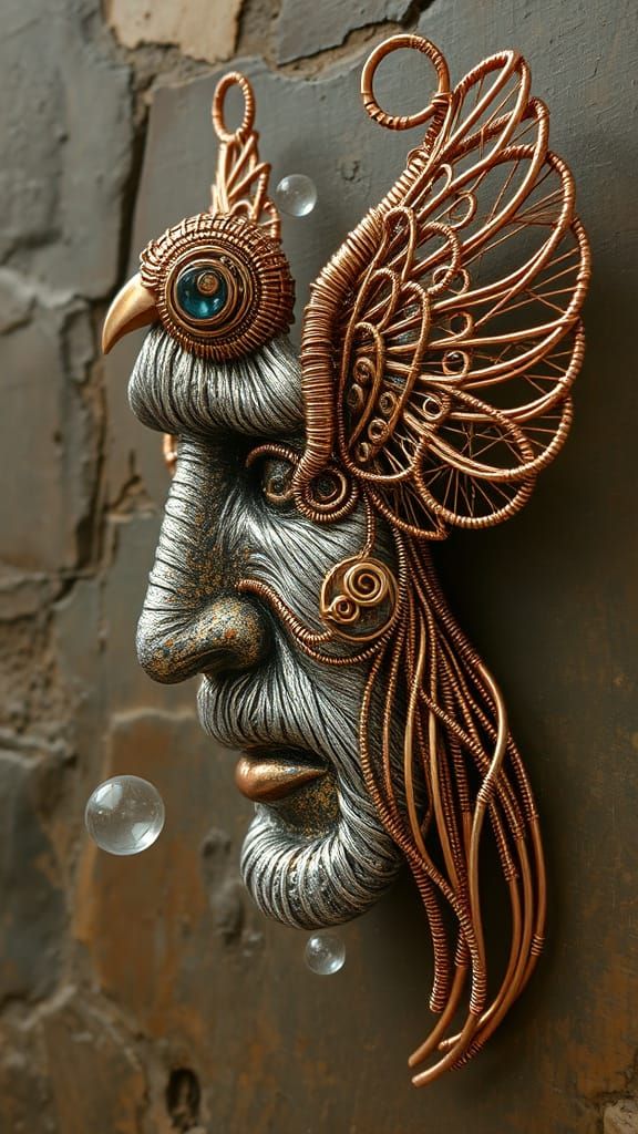 Wired Art Sculpture: Man's Face and Bird Rayograph