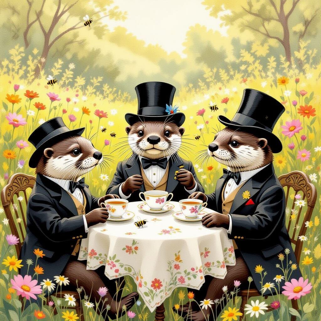Otters' Tea Party in a Sun-Kissed Meadow