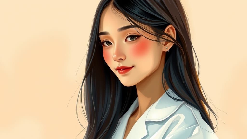 Elegant Asian Nurse in Soft Watercolor Style