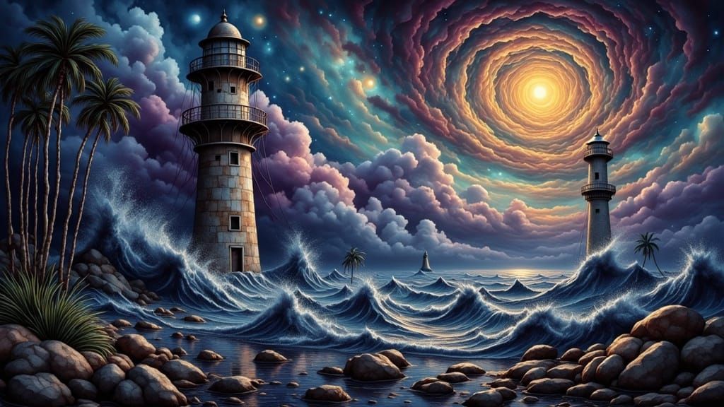 Majestic Lighthouse in a Surreal Desert Harbor with Midnight...