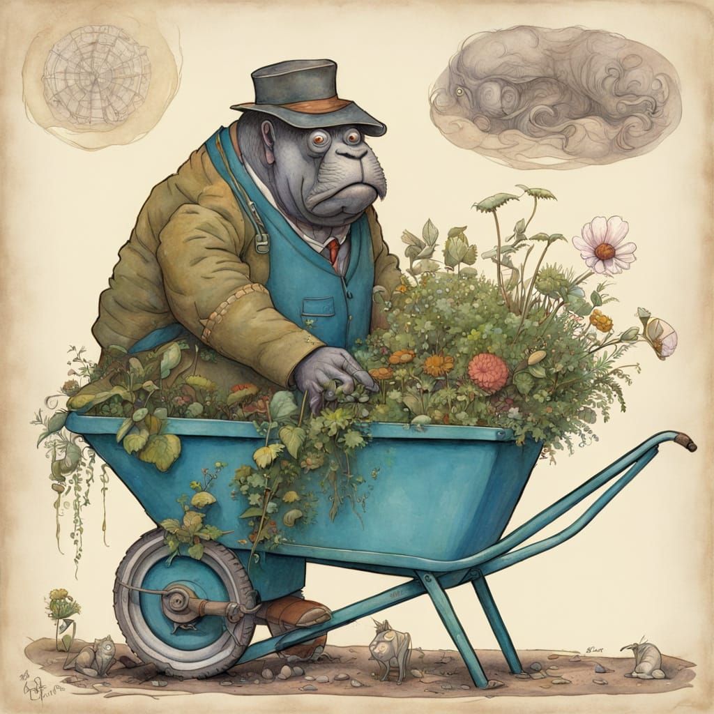 Walrus Gardener in Abstract Surrealist Style