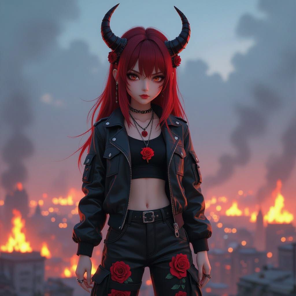 Teen Girl with Rose-Adorned Horns Overlooking Flaming City
