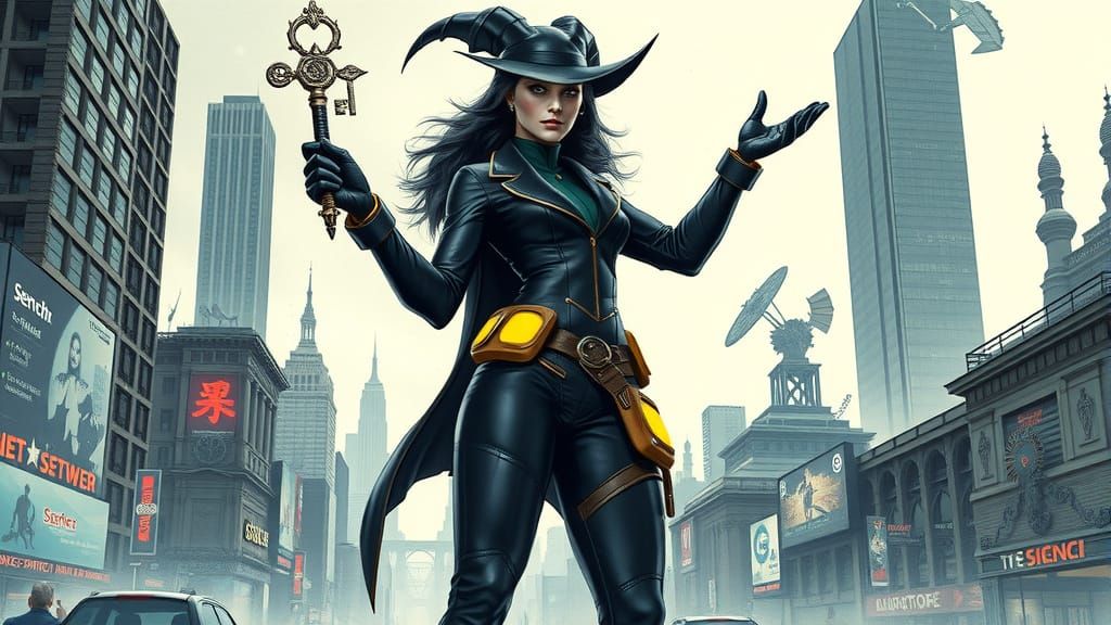 Cyberpunk Sorceress in Futuristic Cityscape