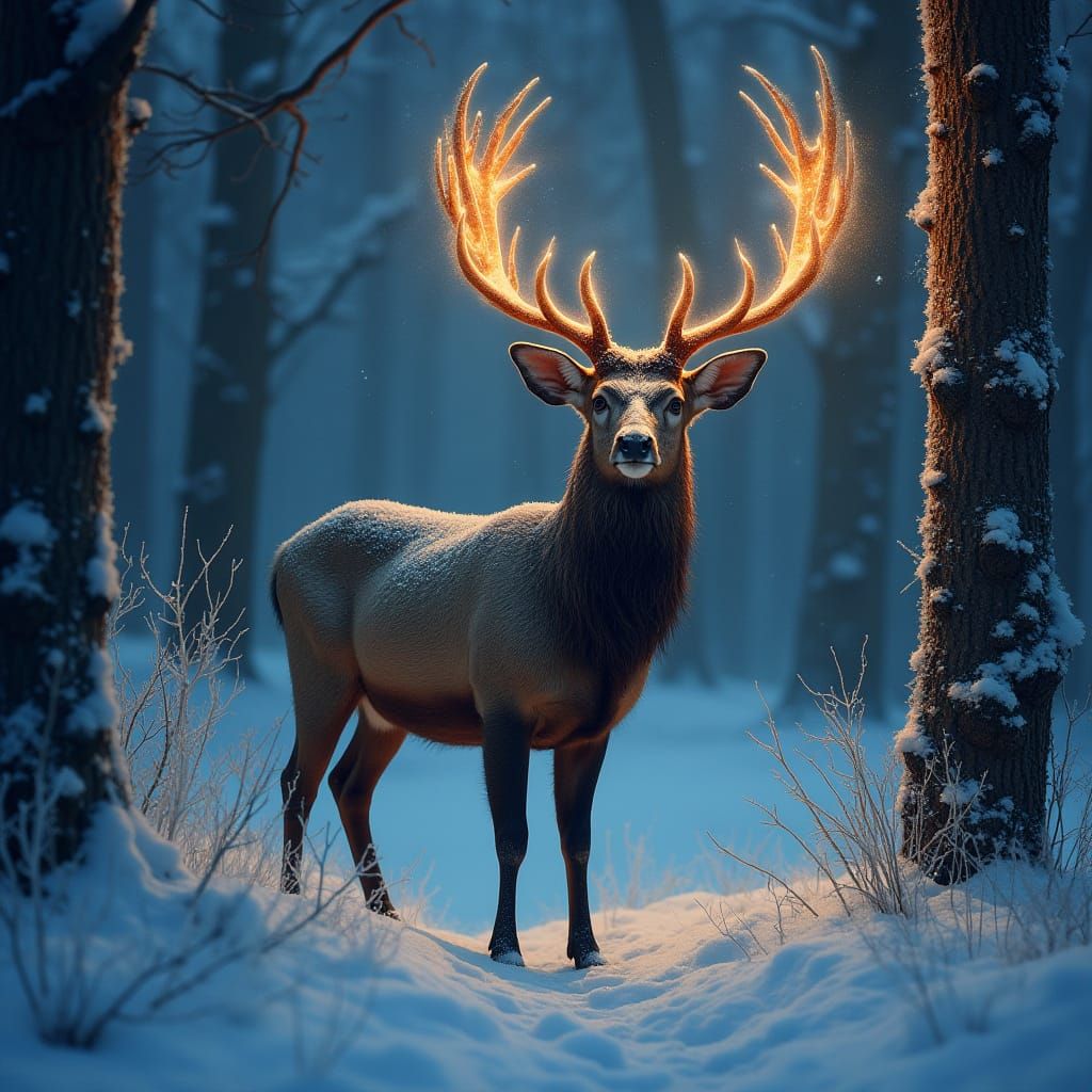 Bioluminescent Stag with Starlight Antlers in Winter Forest
