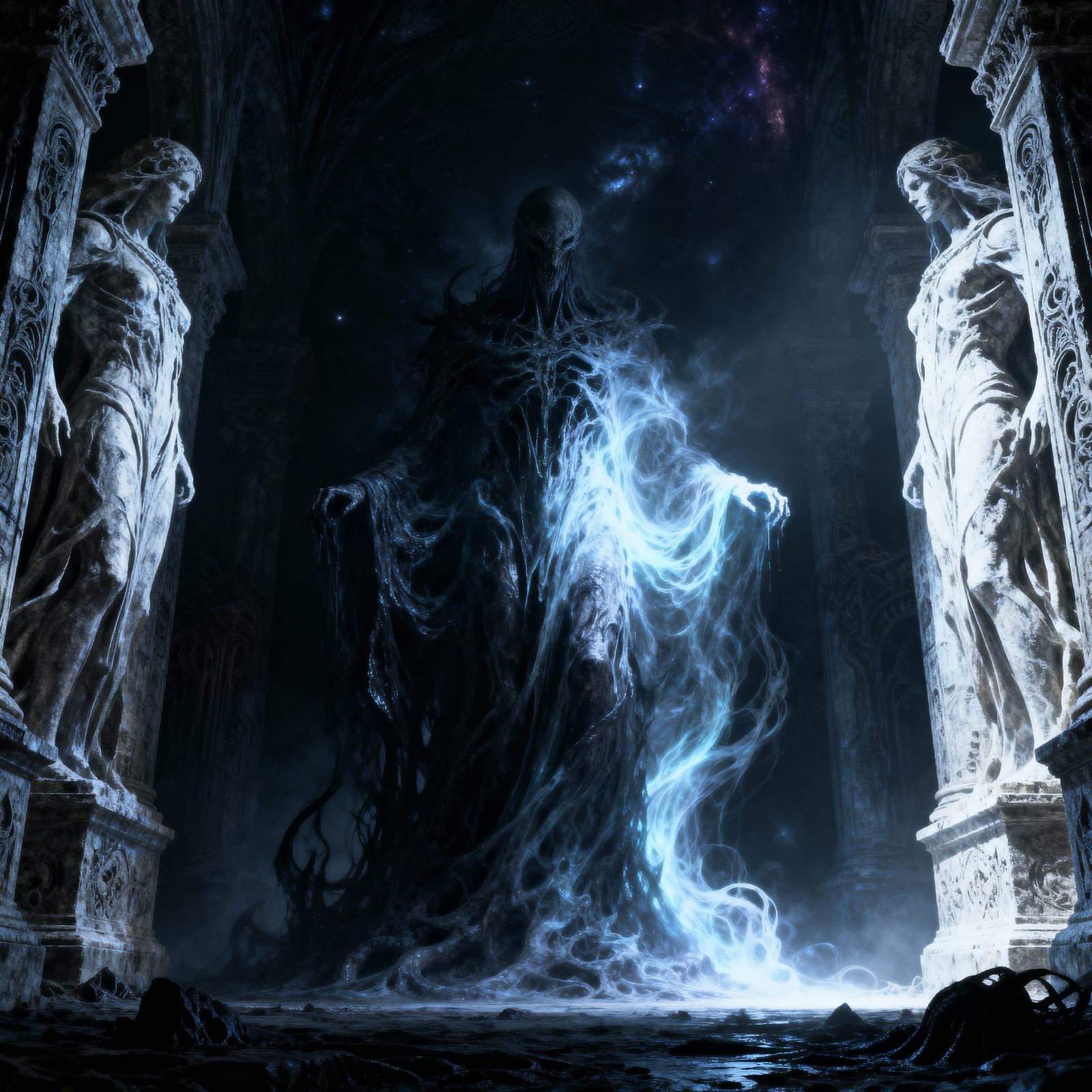 Ethereal Wisps of Shadow and Light in Cosmic Horror Style