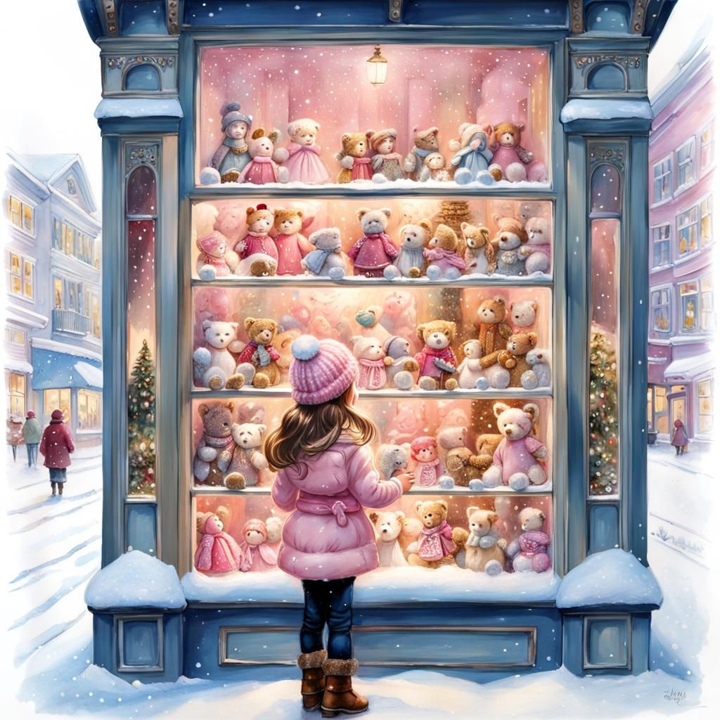 Girl Amazed by Enchanting Toy Store Window