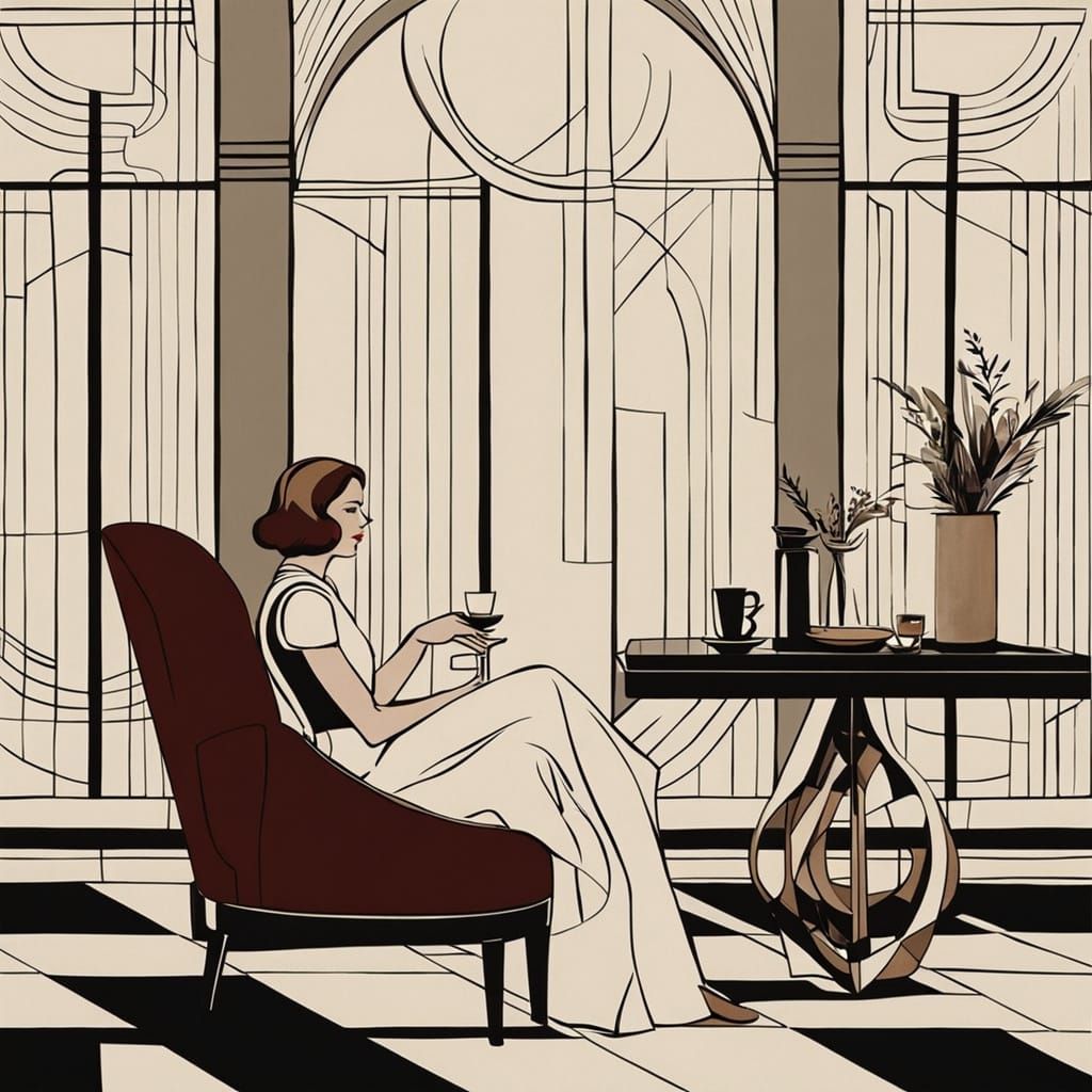 Art Deco Woman Contemplating Wine in Cafe