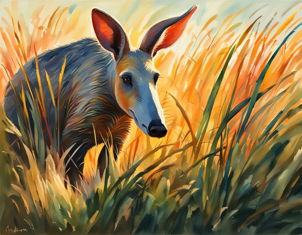 Aardvark in Grass: Gouache Impressionist Painting