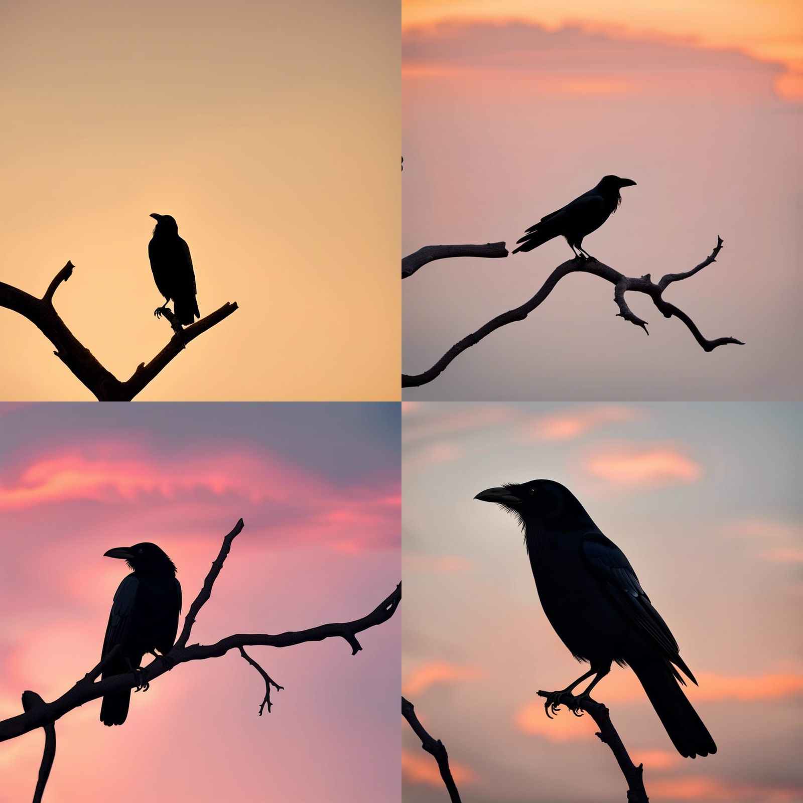 Crow on Branch at Sunrise, Silhouette