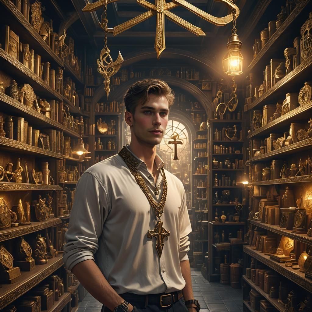 Young Man in Occult Shop, Matte Painting Style