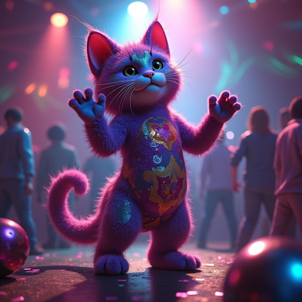 Anthropomorphic Disco Cat in a Surreal Nightclub