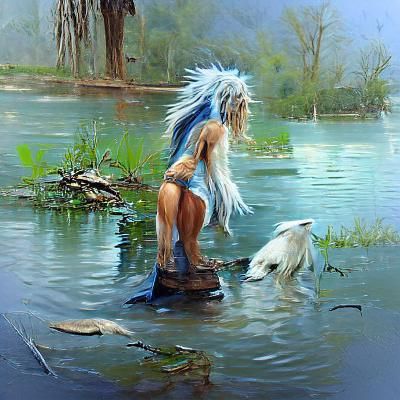 Woman with Wolf in Lake: Oil Painting Style