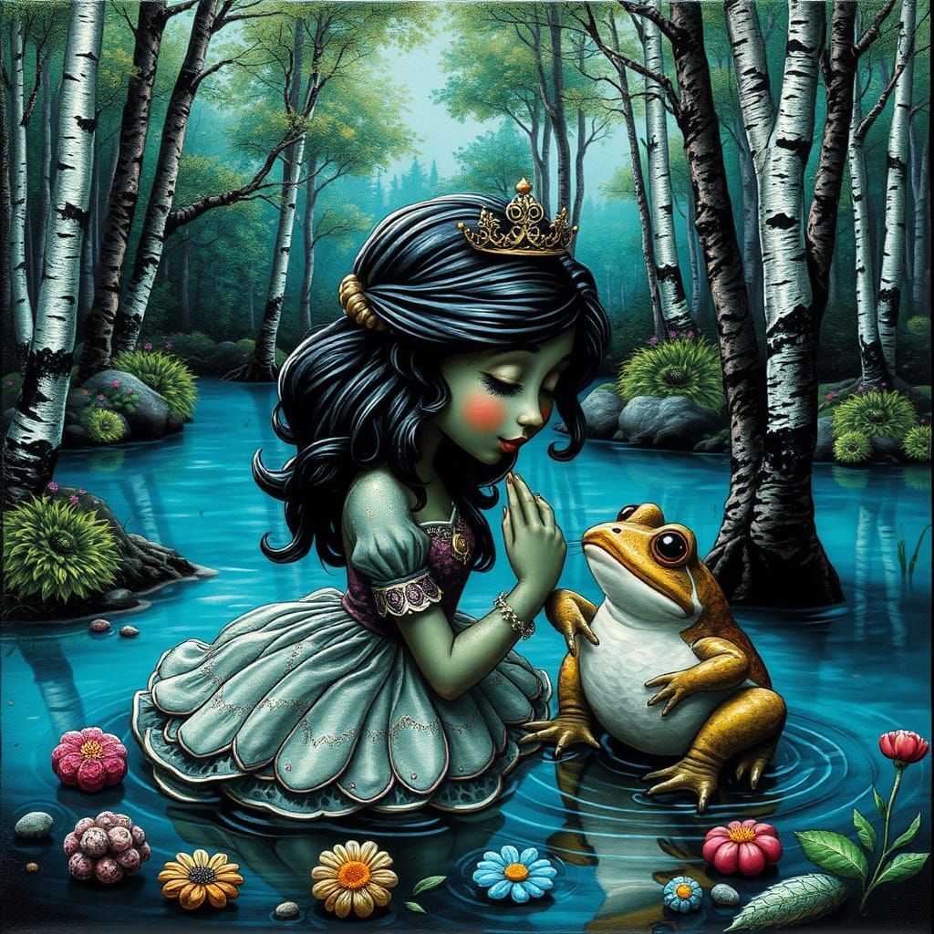 Princess Kisses Toad in Enchanted Pond, 3D Render