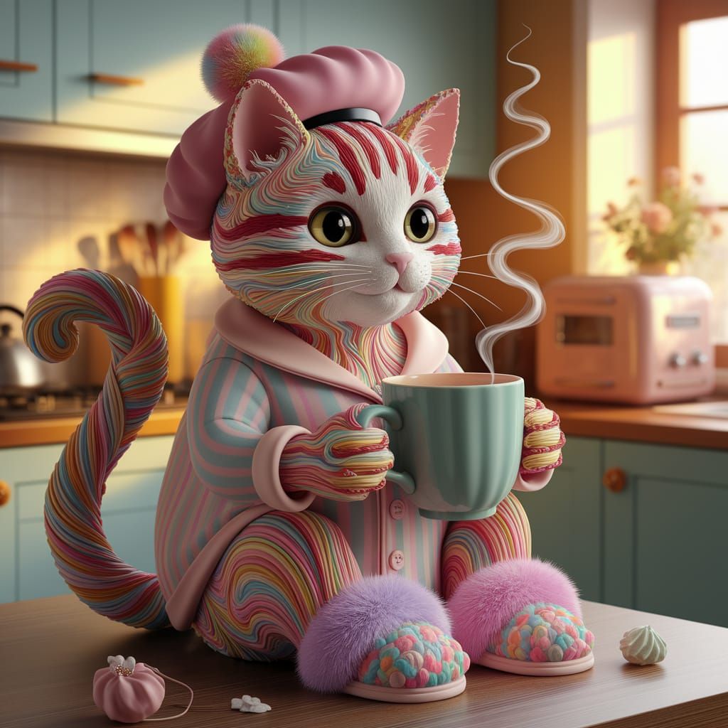Whimsical Clay Cat Sculpture in Retro Kitchen