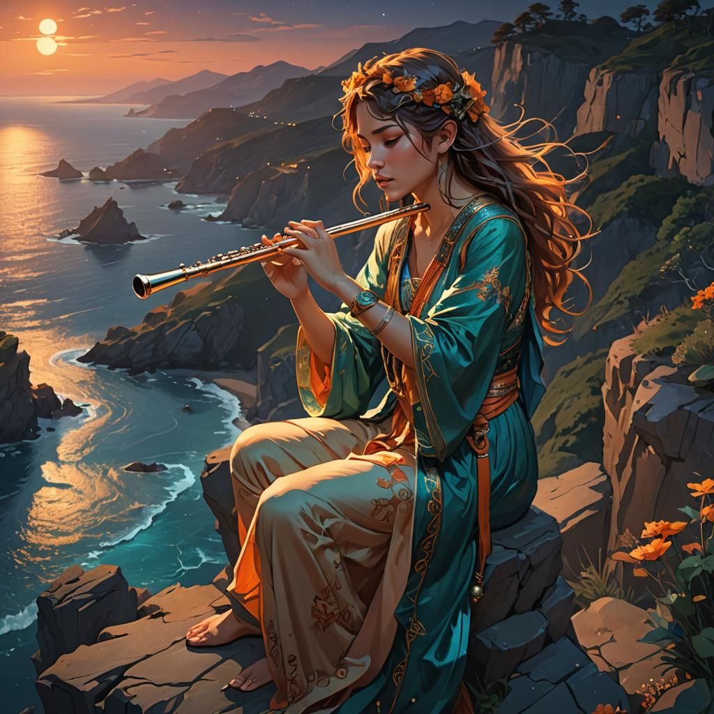 Girl Playing Flute on Cliff, Art Nouveau Style