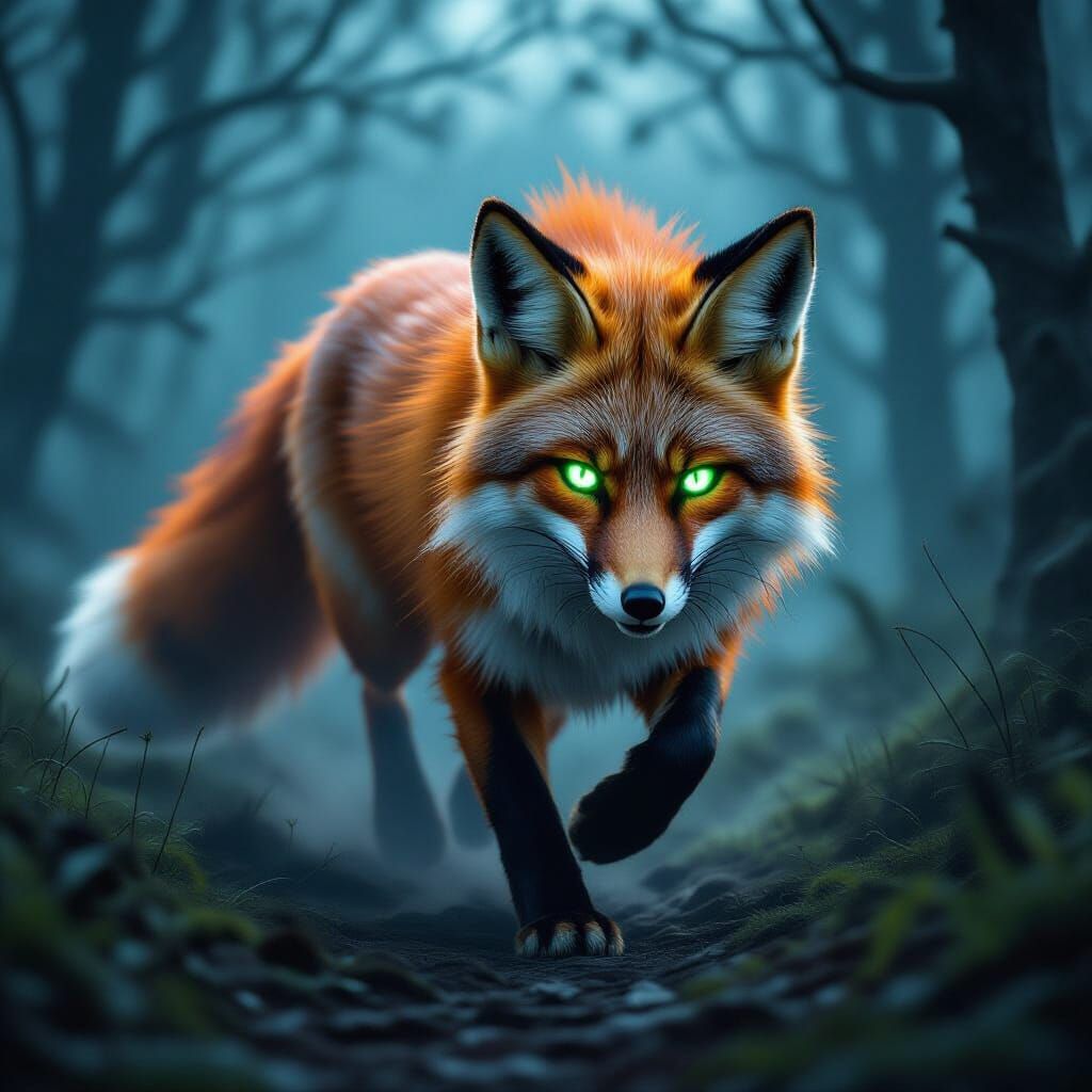 Colossal Crimson Fox Pursues Through Misty Forest