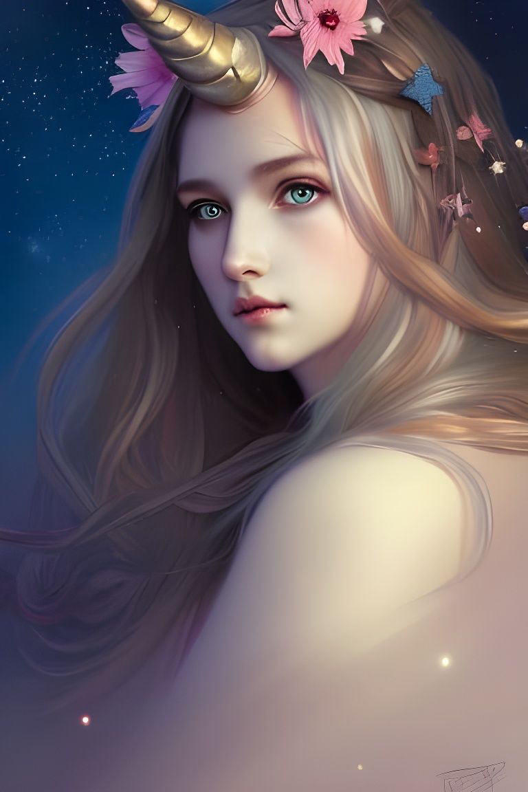 Armored Unicorn Girl Portrait with Flowers