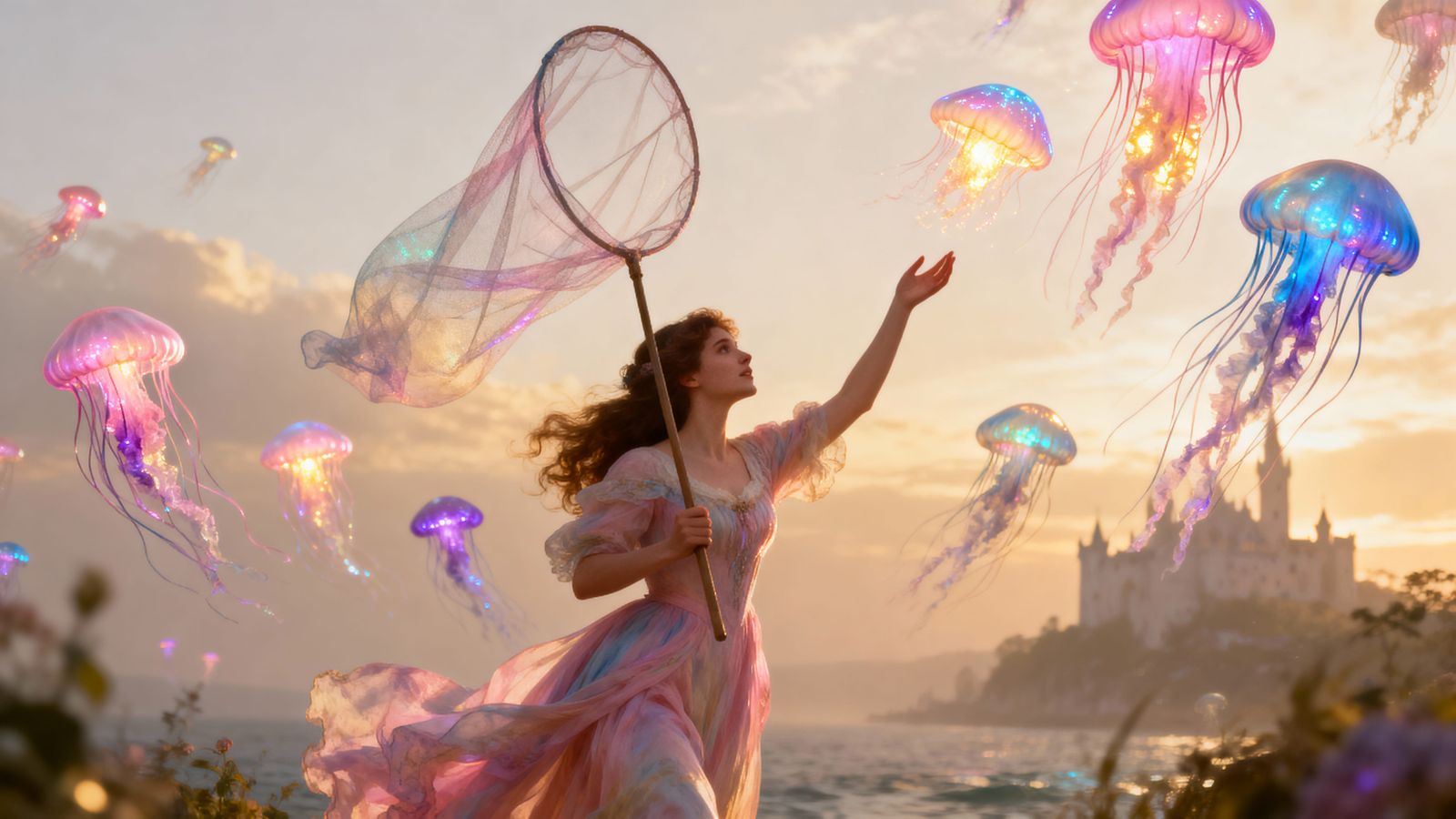 Woman Catches Flying Jellyfish in Dreamy Surreal Scene